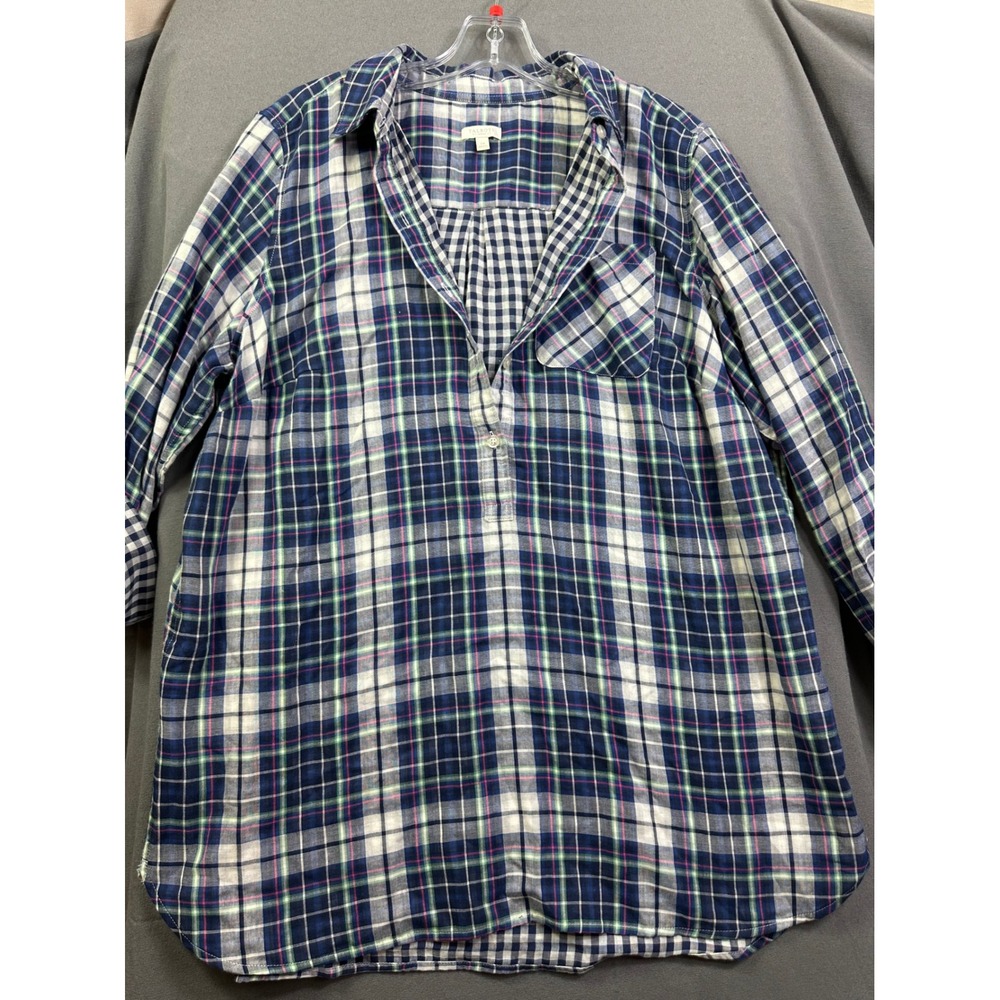 Talbots Women Navy Blue Green Plaid Popover Tunic Shirt Long Sleeve Top 2X